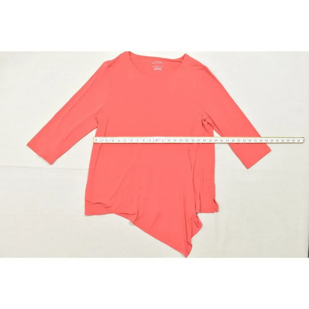 Chico's The Ultimate Tee Size 2 Coral Pink Asymmetrical Hem 3/4 Sleeve Top Polye